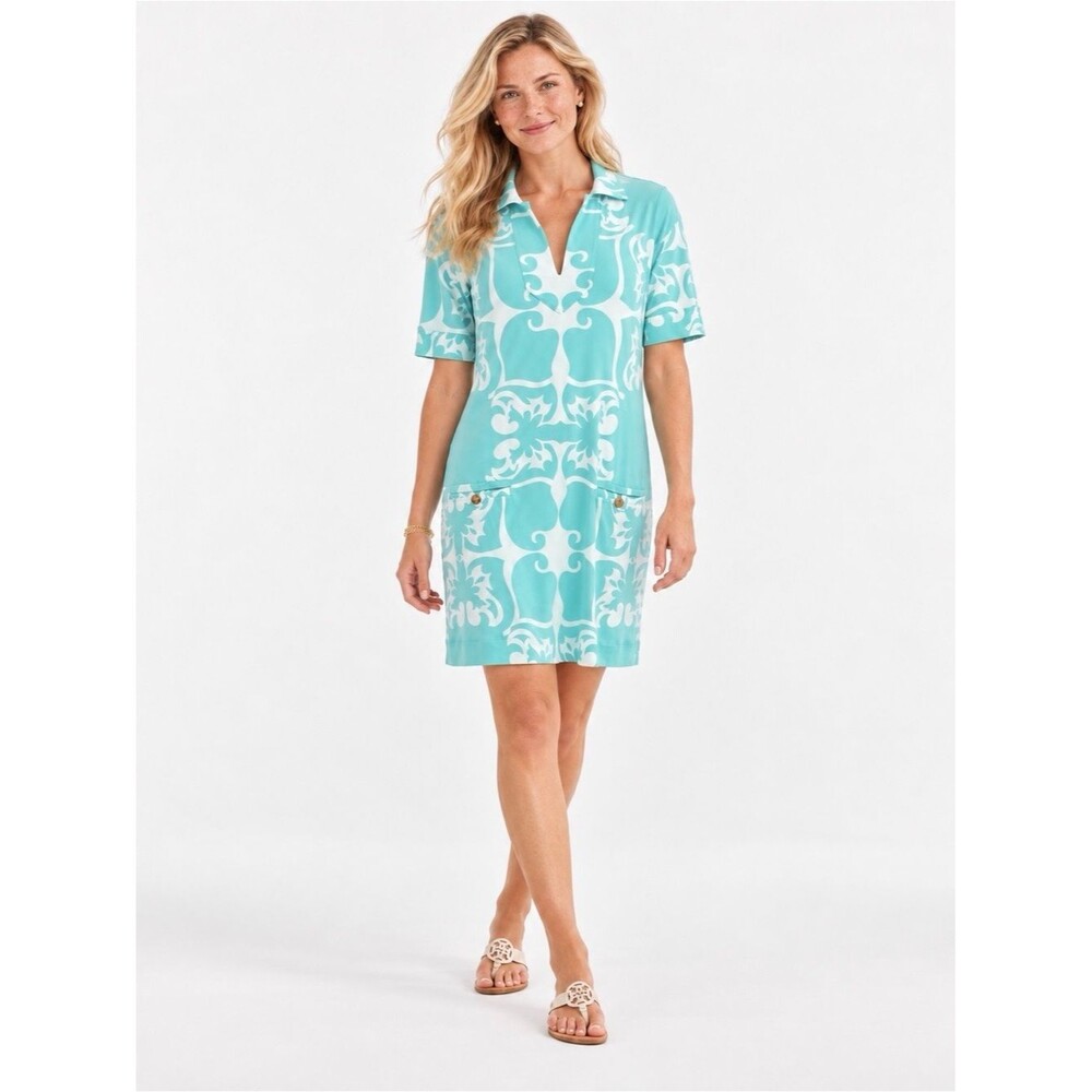 Tori Richard Polo Shift Dress Women’s M Aqua White Hawaiian Print Resort NWOT